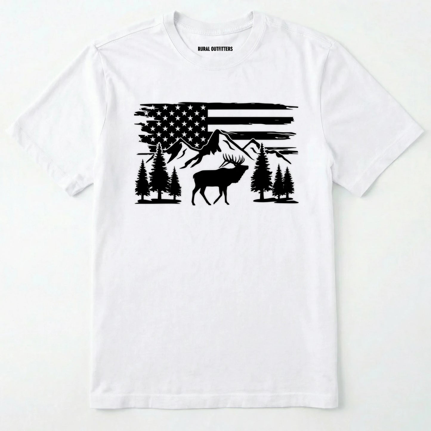 White deer t-shirt with black graphic design of an american flag, trees, and a elk graphic.