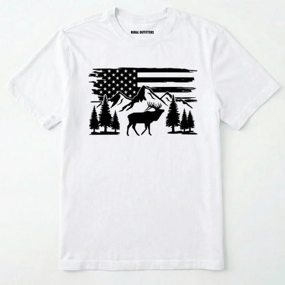 White deer t-shirt with black graphic design of an american flag, trees, and a elk graphic.