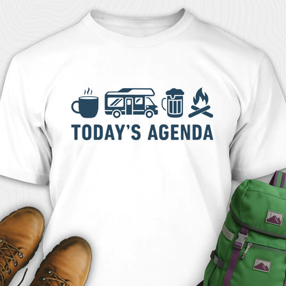 White RV life shirt with coffee, RV beer and campfire icons