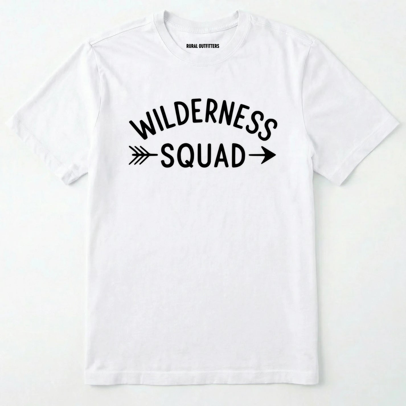 White wilderness t-shirt with a simple arrow graphic on a white background.