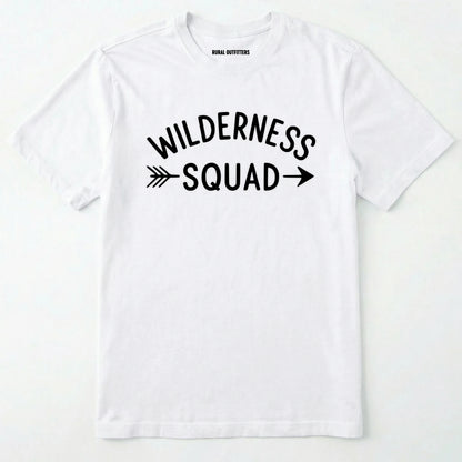 White wilderness t-shirt with a simple arrow graphic on a white background.