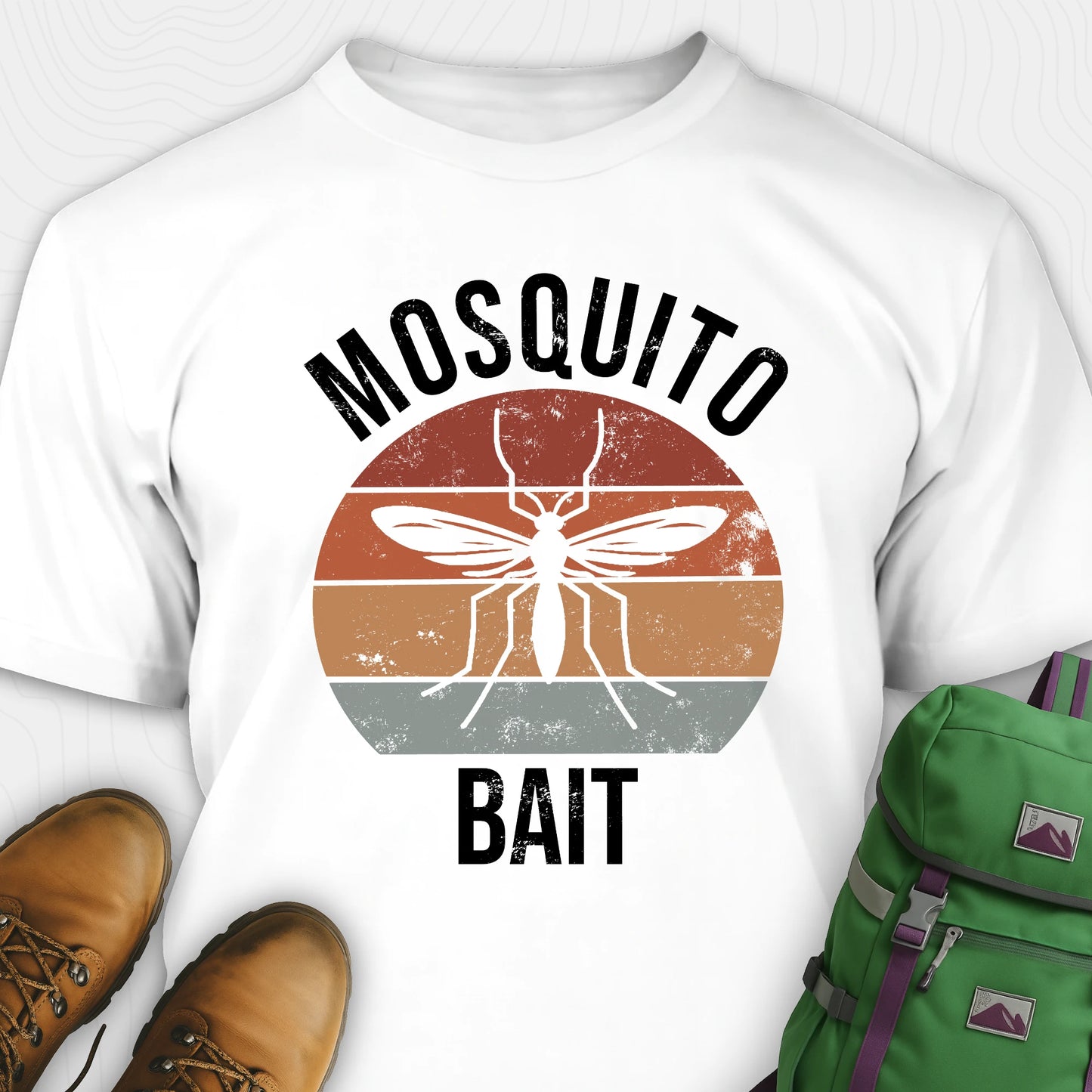 White mosquito shirt with 'Mosquito Bait' graphic design on a white background