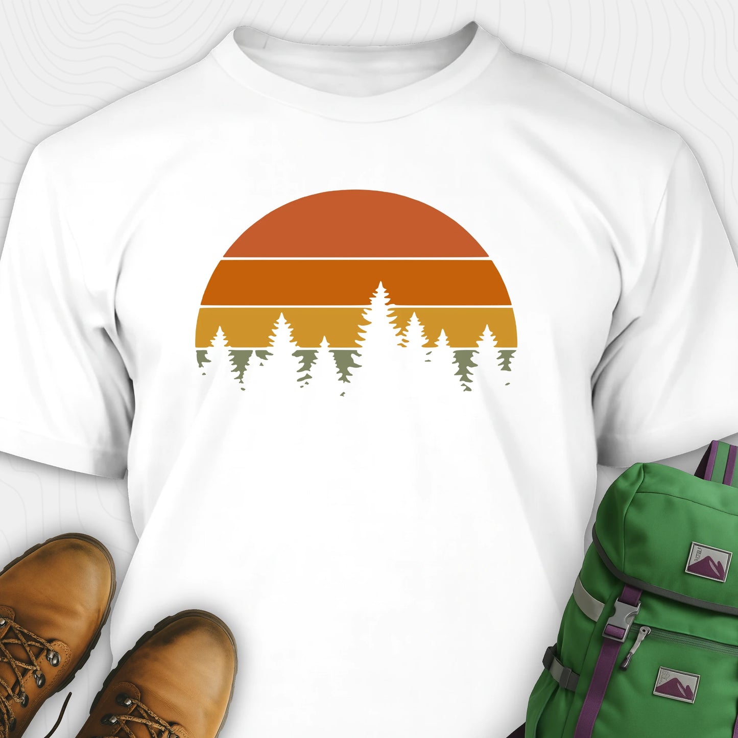 White vintage sunset t-shirt with retro forest silhouette graphic