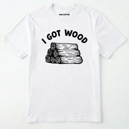 White i got wood shirt with stacked firewood graphic on a white background.