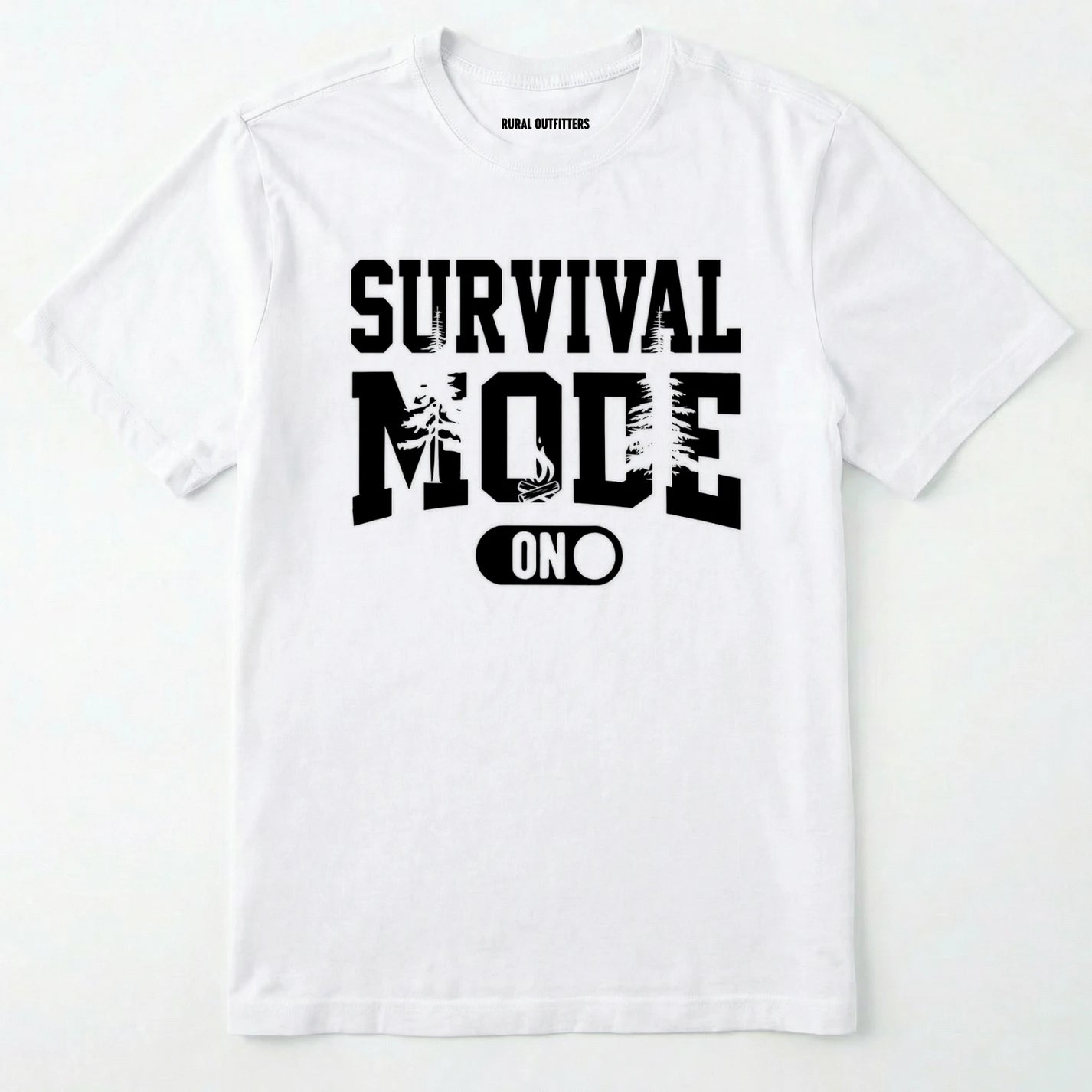 White survival mode shirt with camping-themed graphic and rugged text on a white background.