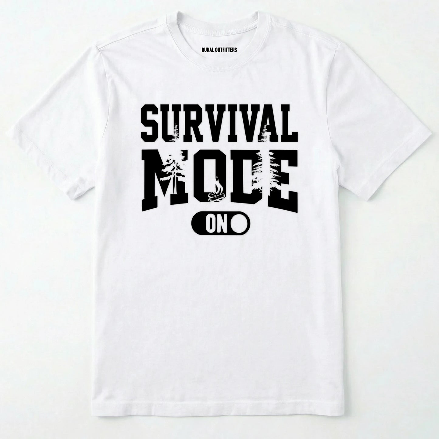 White survival mode shirt with camping-themed graphic and rugged text on a white background.