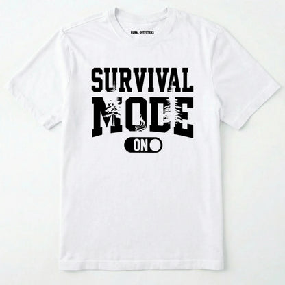 White survival mode shirt with camping-themed graphic and rugged text on a white background.