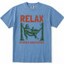 Blue Jean crewneck t-shirt featuring a vintage-style graphic of Bigfoot lounging in a hammock with the text 'RELAX' above and 'NOTHING IS UNDER CONTROL' below in red.