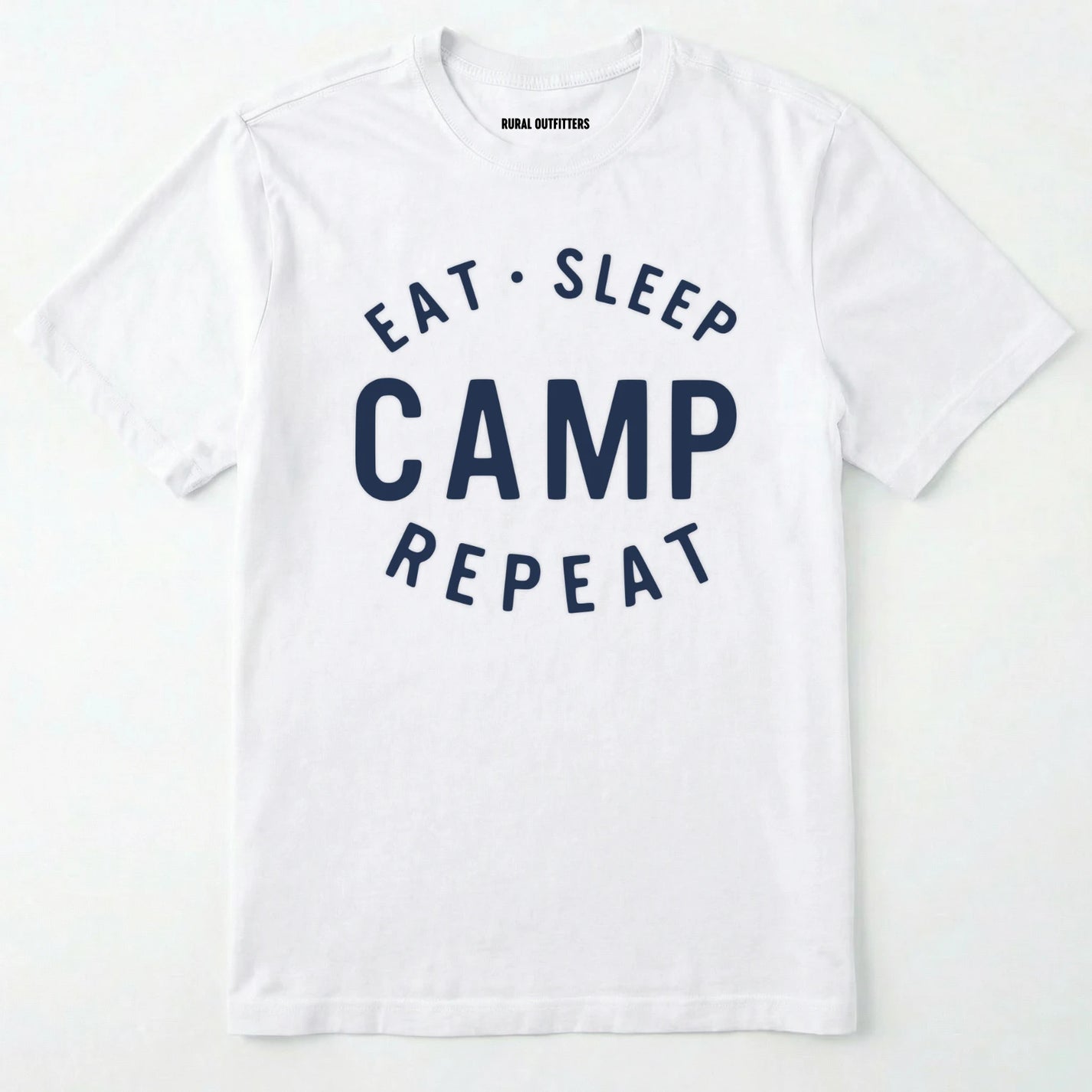 White eat sleep camp repeat t-shirt with bold text on a white background.