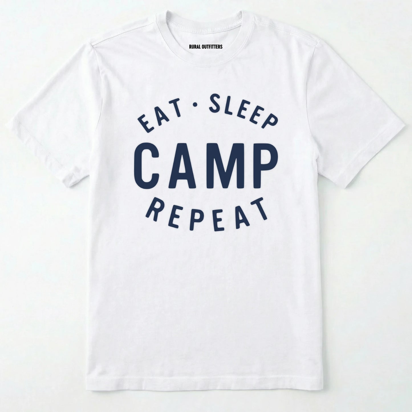 White eat sleep camp repeat t-shirt with bold text on a white background.