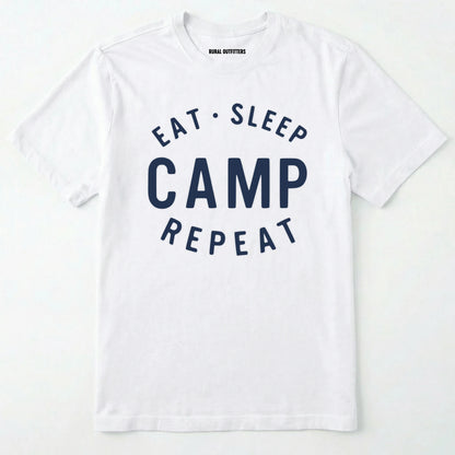 White eat sleep camp repeat t-shirt with bold text on a white background.
