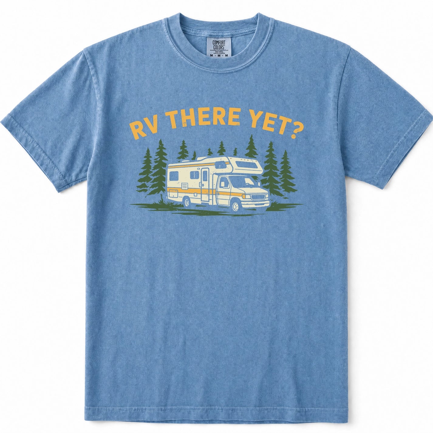 Blue Jean short-sleeve t-shirt with a graphic print of a camper van surrounded by pine trees and the text 'RV THERE YET?' in yellow, displayed on a clean white background.