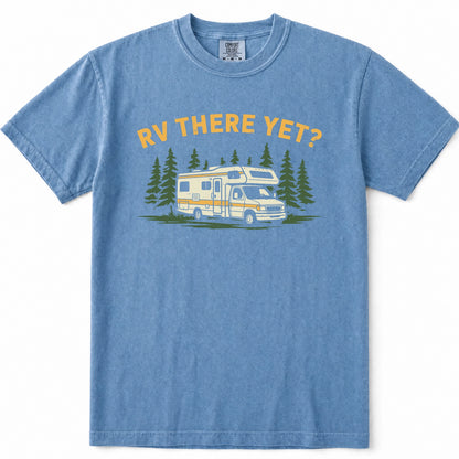 Blue Jean short-sleeve t-shirt with a graphic print of a camper van surrounded by pine trees and the text 'RV THERE YET?' in yellow, displayed on a clean white background.
