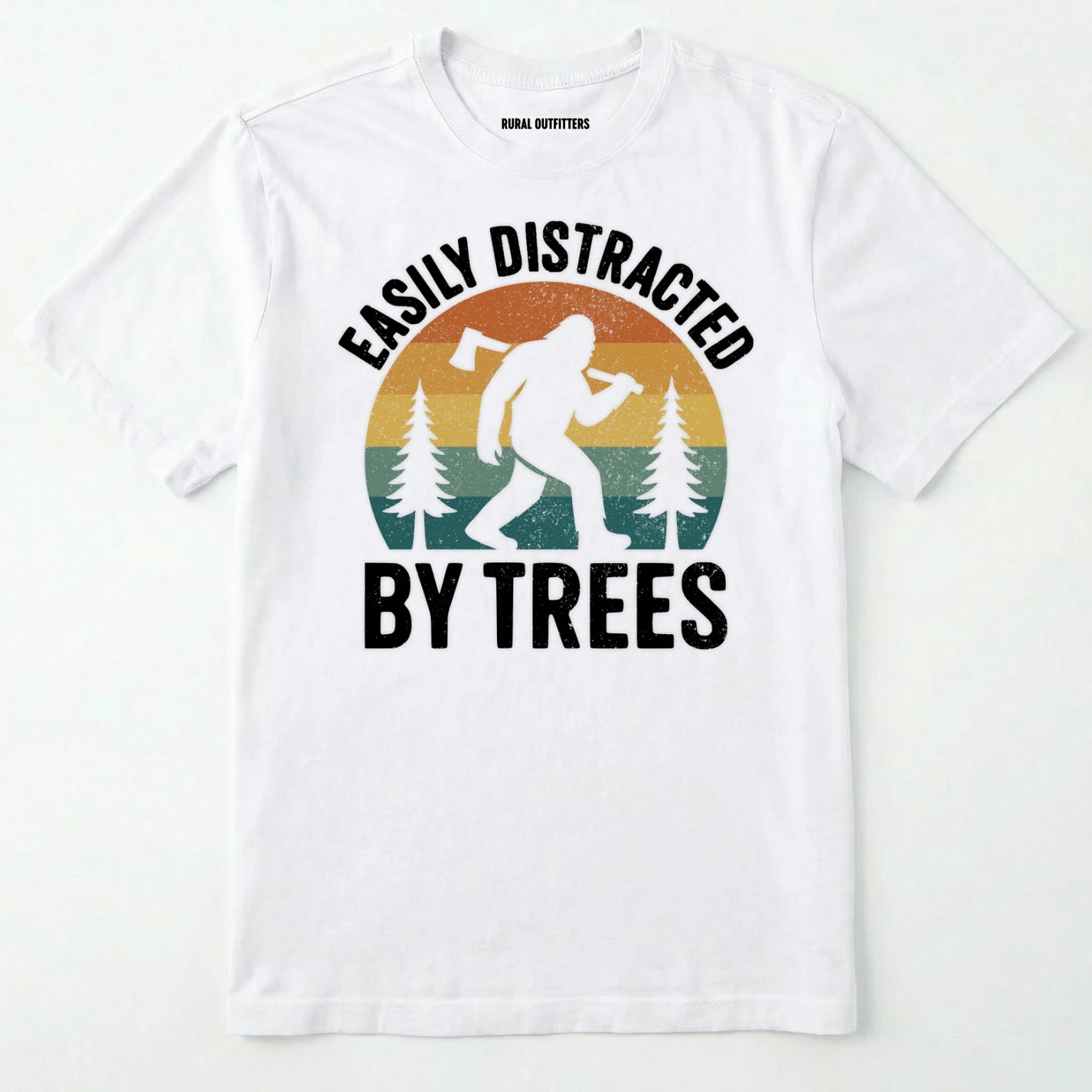 White funny sasquatch shirt featuring bigfoot silhouette and trees on a white background.