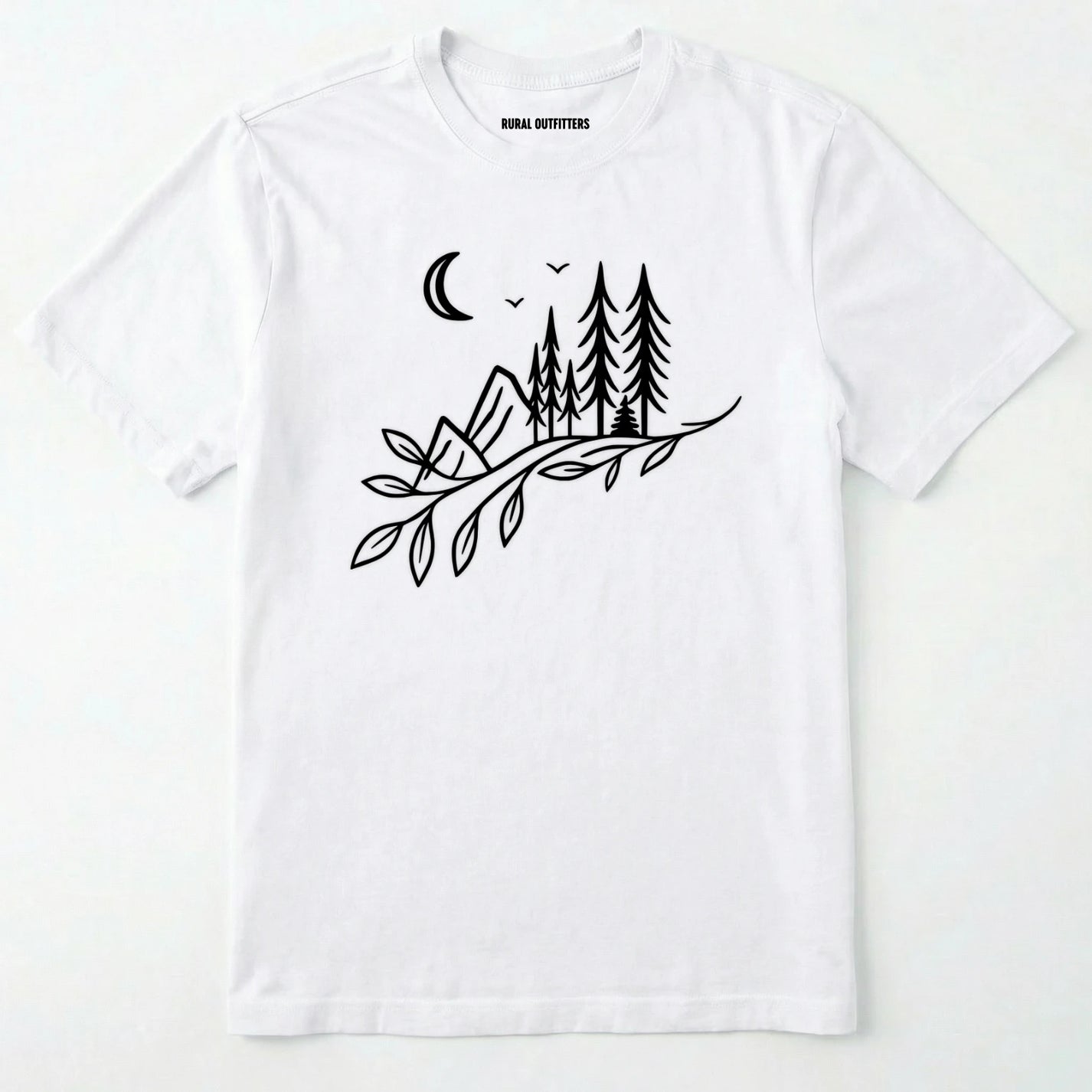 White nature graphic t-shirt showing mountains, pine trees, and moon line art on a white background.