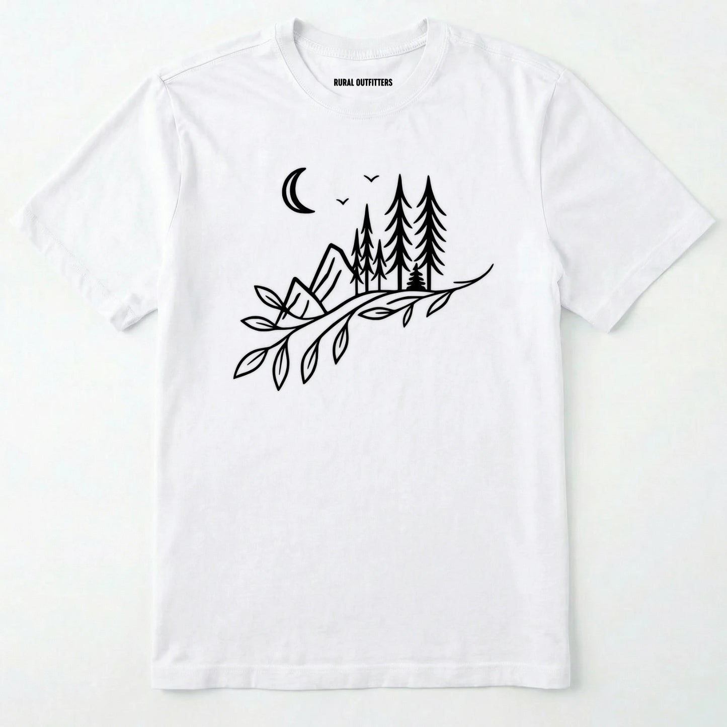 White nature graphic t-shirt showing mountains, pine trees, and moon line art on a white background.
