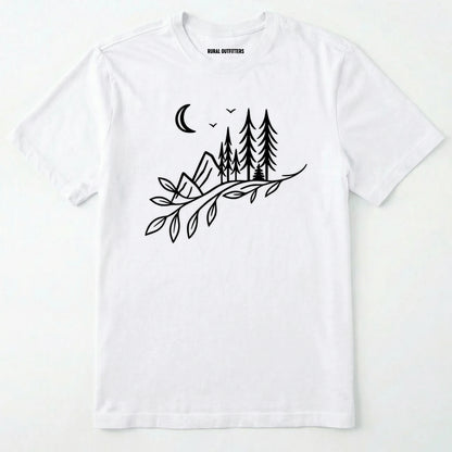 White nature graphic t-shirt showing mountains, pine trees, and moon line art on a white background.