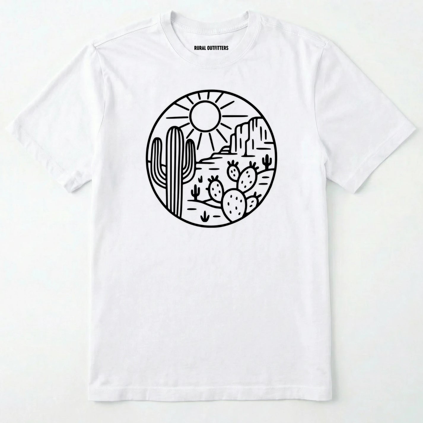 White cactus shirt featuring desert landscape and cactus illustration on a white background.