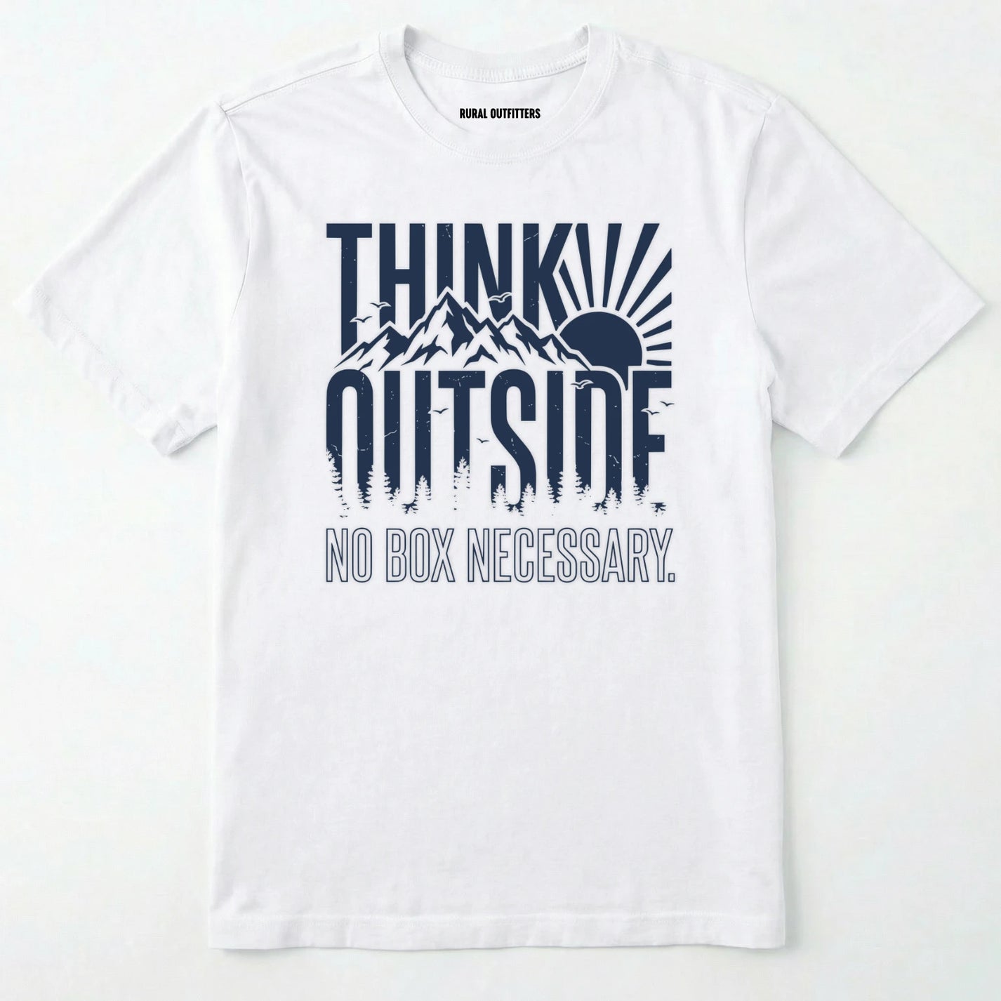 White t-shirt with 'think outside, no box necessary' graphic design on a white background