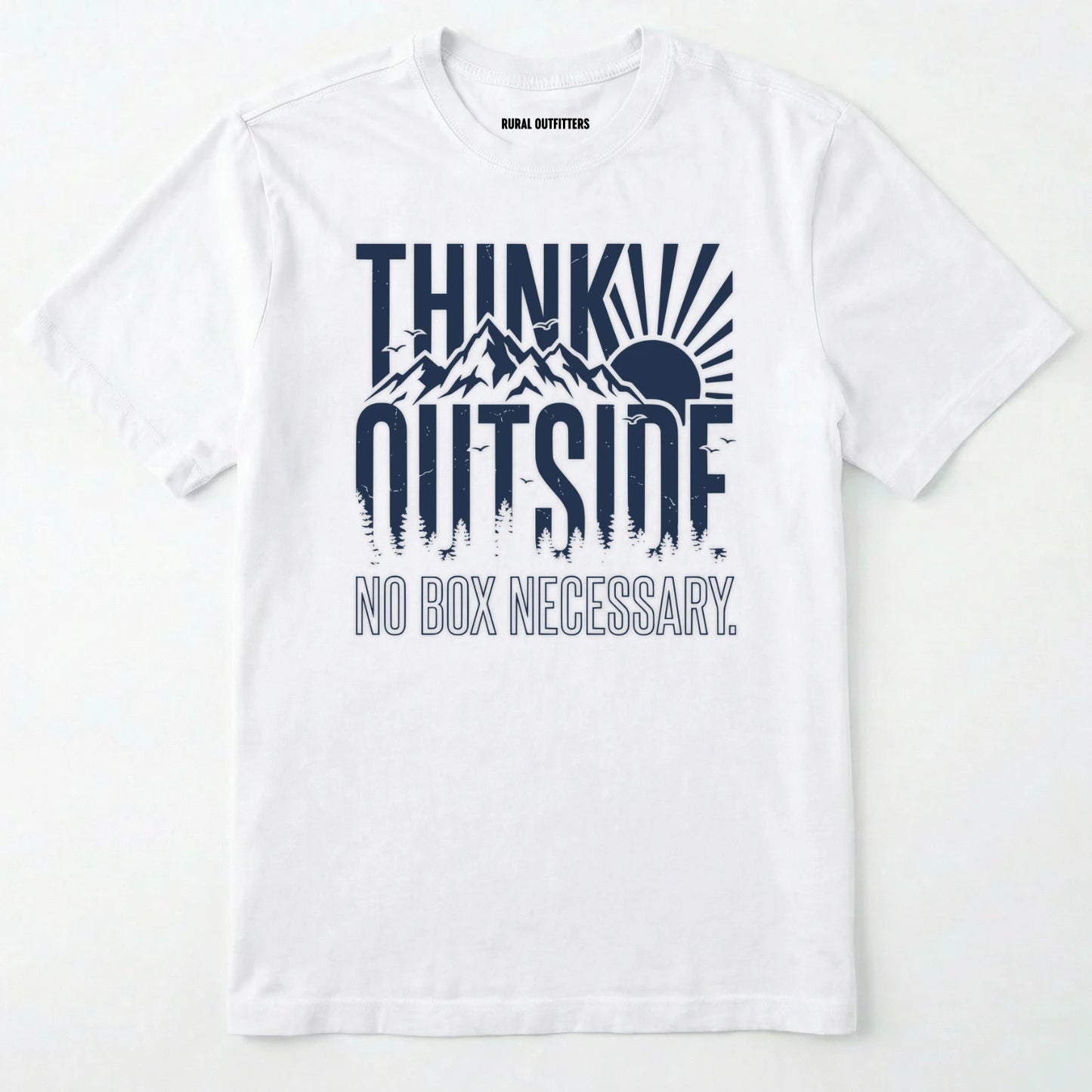 White t-shirt with 'think outside, no box necessary' graphic design on a white background
