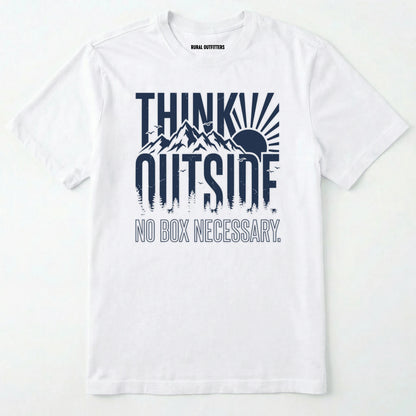 White t-shirt with 'think outside, no box necessary' graphic design on a white background