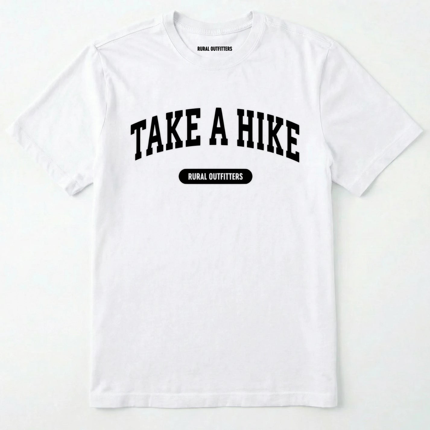 White take a hike t-shirt on a plain white background