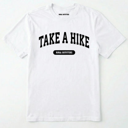 White take a hike t-shirt on a plain white background