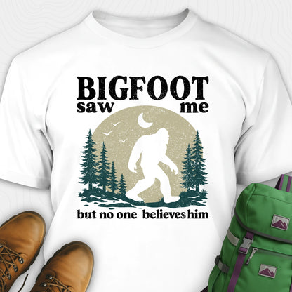 White bigfoot saw me shirt with vintage outdoor sasquatch graphic