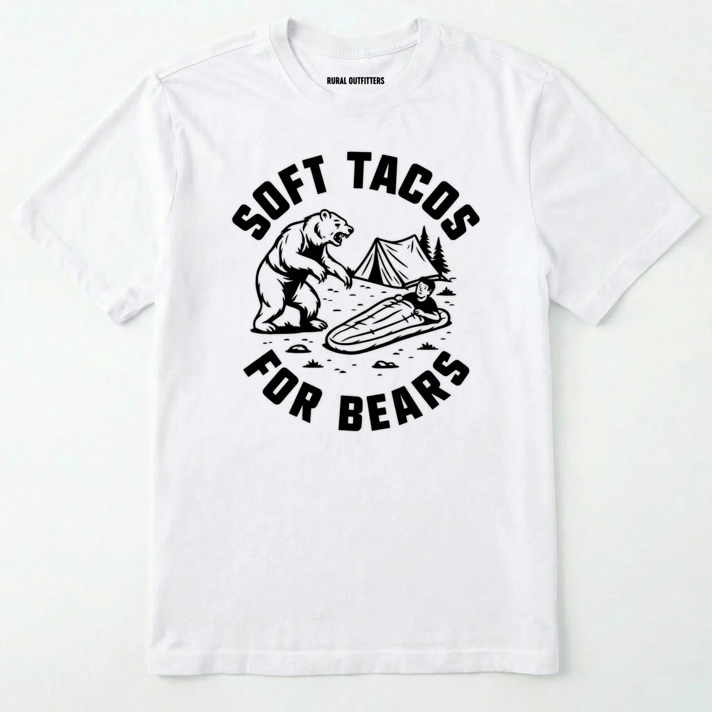 White funny bear shirt with bear graphic and text 'soft tacos for bears' on a white background.