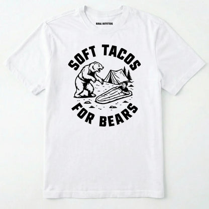 White funny bear shirt with bear graphic and text 'soft tacos for bears' on a white background.