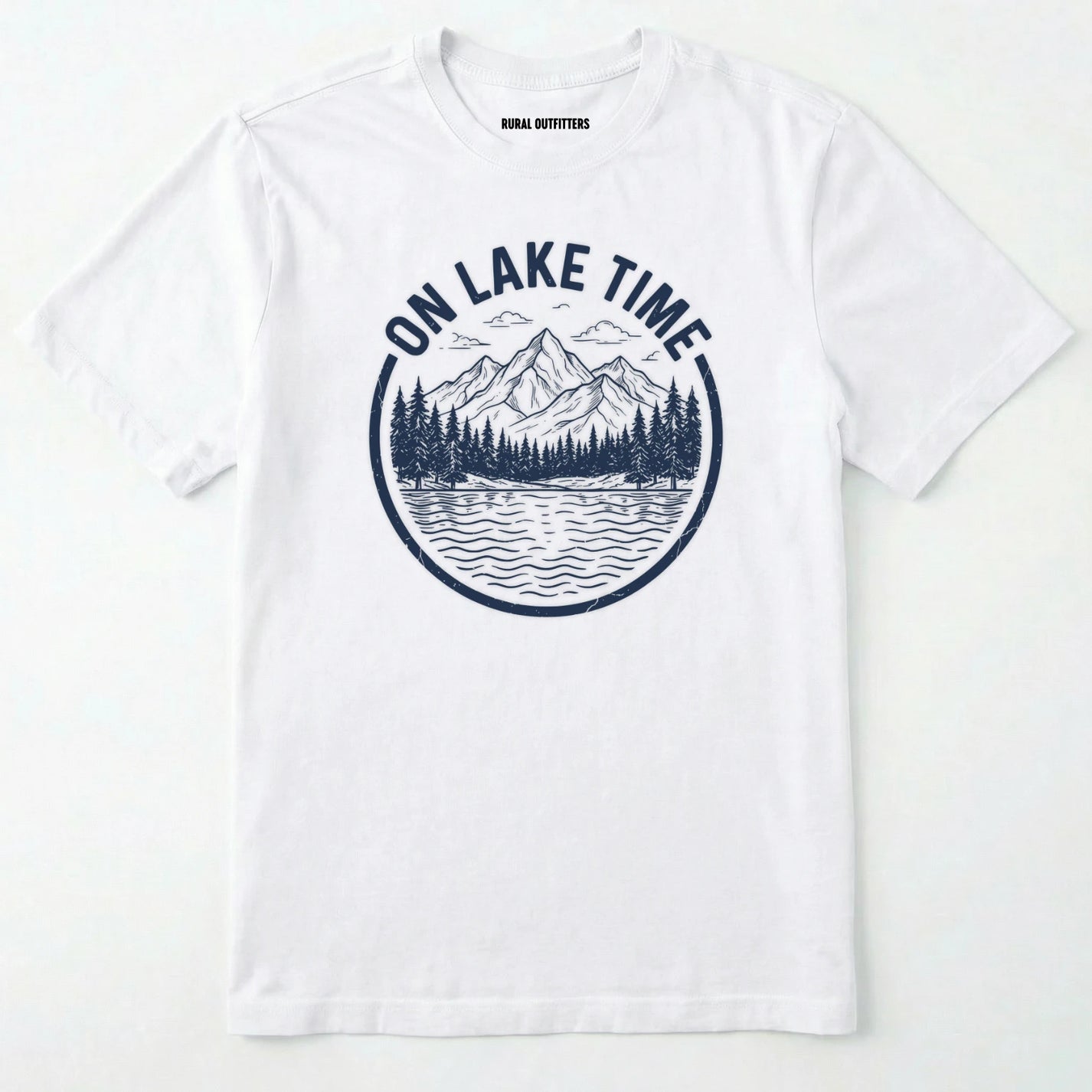 White t-shirt with 'on lake time' graphic design featuring mountains and trees on a white background.