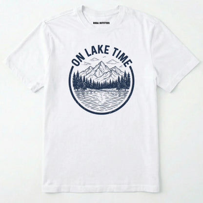 White t-shirt with 'on lake time' graphic design featuring mountains and trees on a white background.