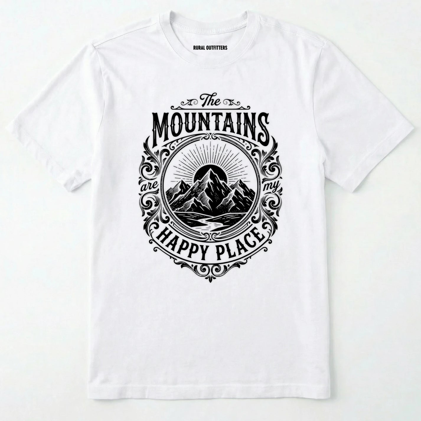 White t-shirt with black mountain graphic and text on a white background