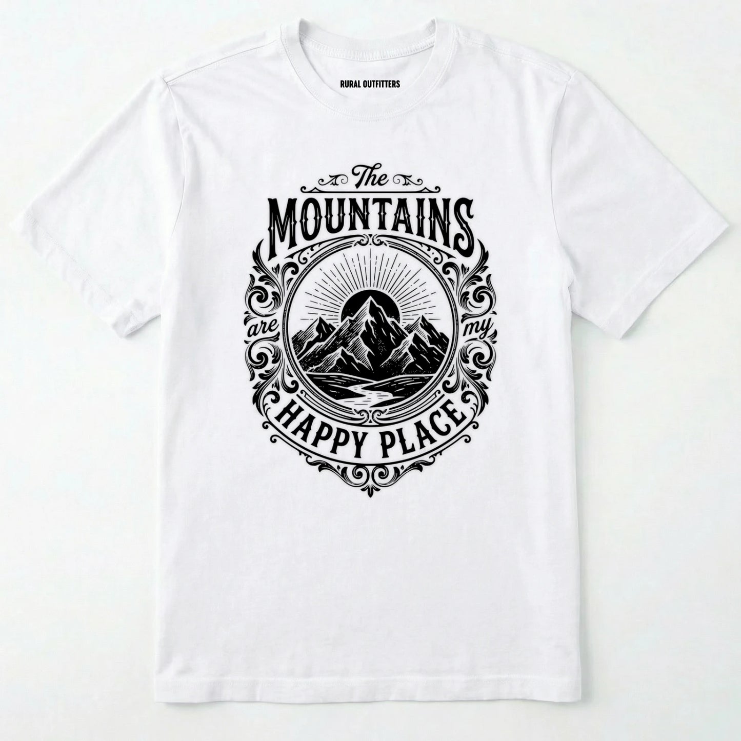 White t-shirt with black mountain graphic and text on a white background
