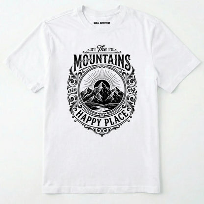 White t-shirt with black mountain graphic and text on a white background