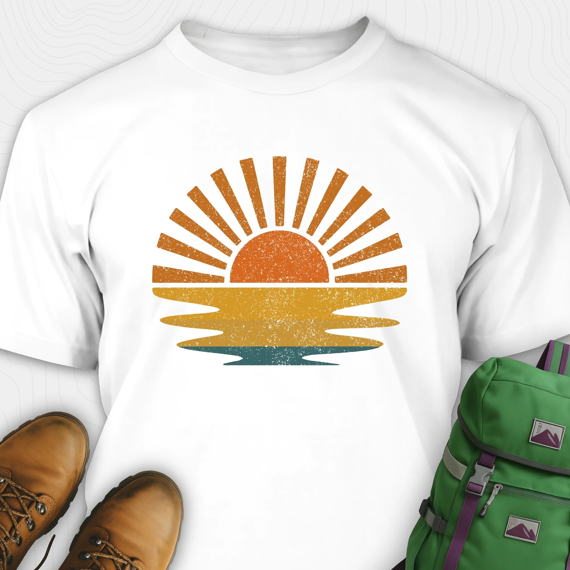 White sunset shirt with retro distressed sunrise graphic