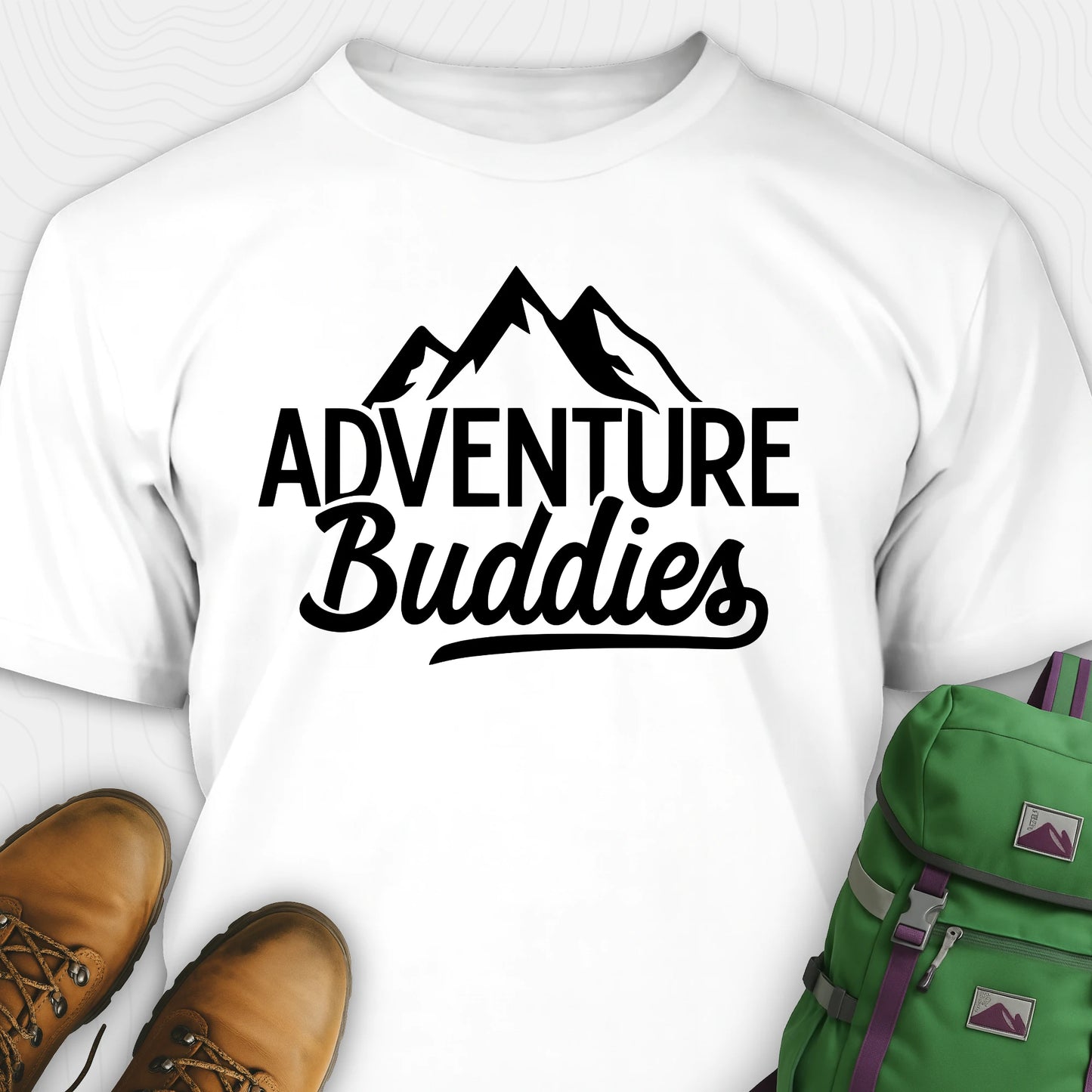 White adventure buddies t-shirt featuring mountain design