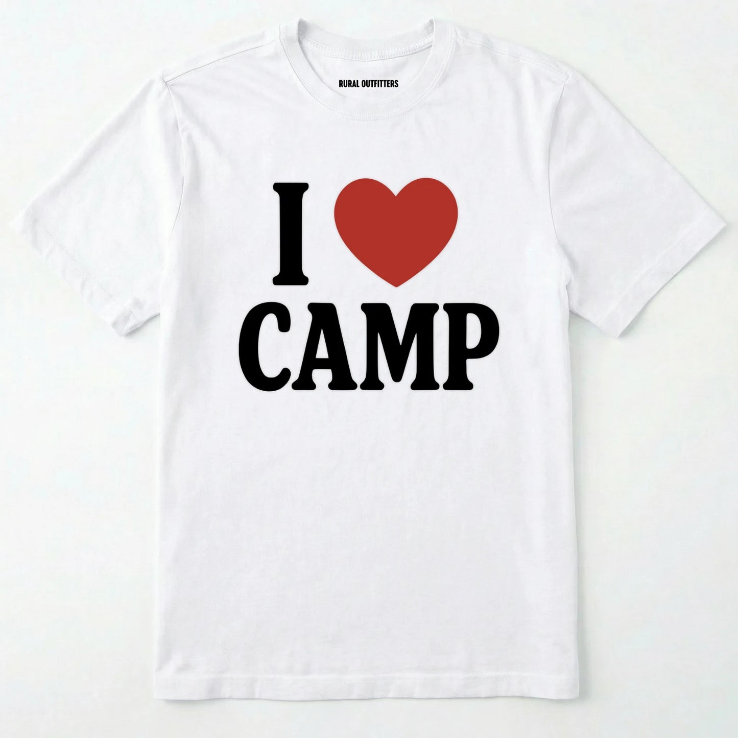 White i love camp t-shirt with bold text and heart design on a white background.