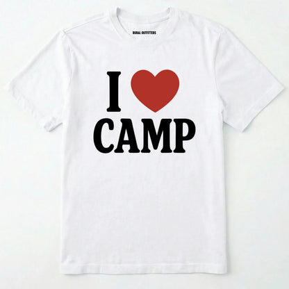 White i love camp t-shirt with bold text and heart design on a white background.