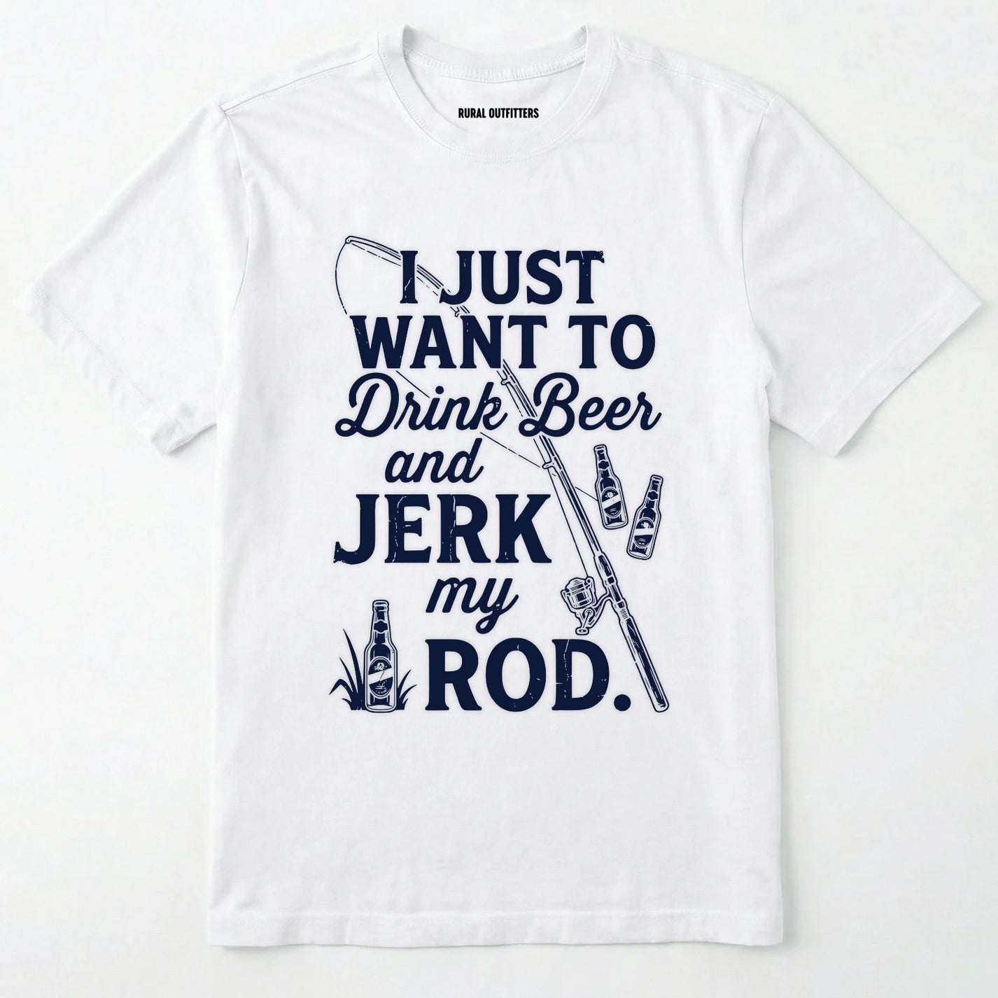 White t-shirt with Navy text and graphics on a white background