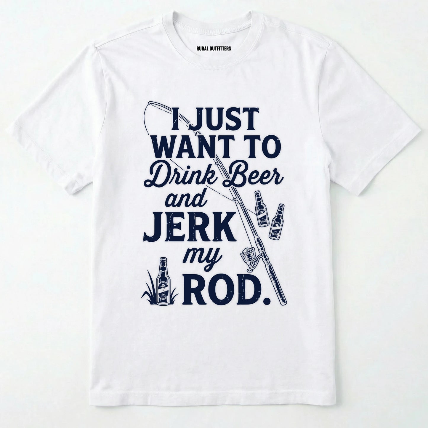White t-shirt with Navy text and graphics on a white background