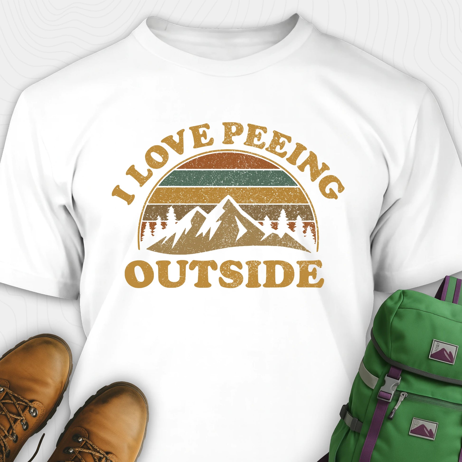White I pee outside shirt with retro mountain graphic