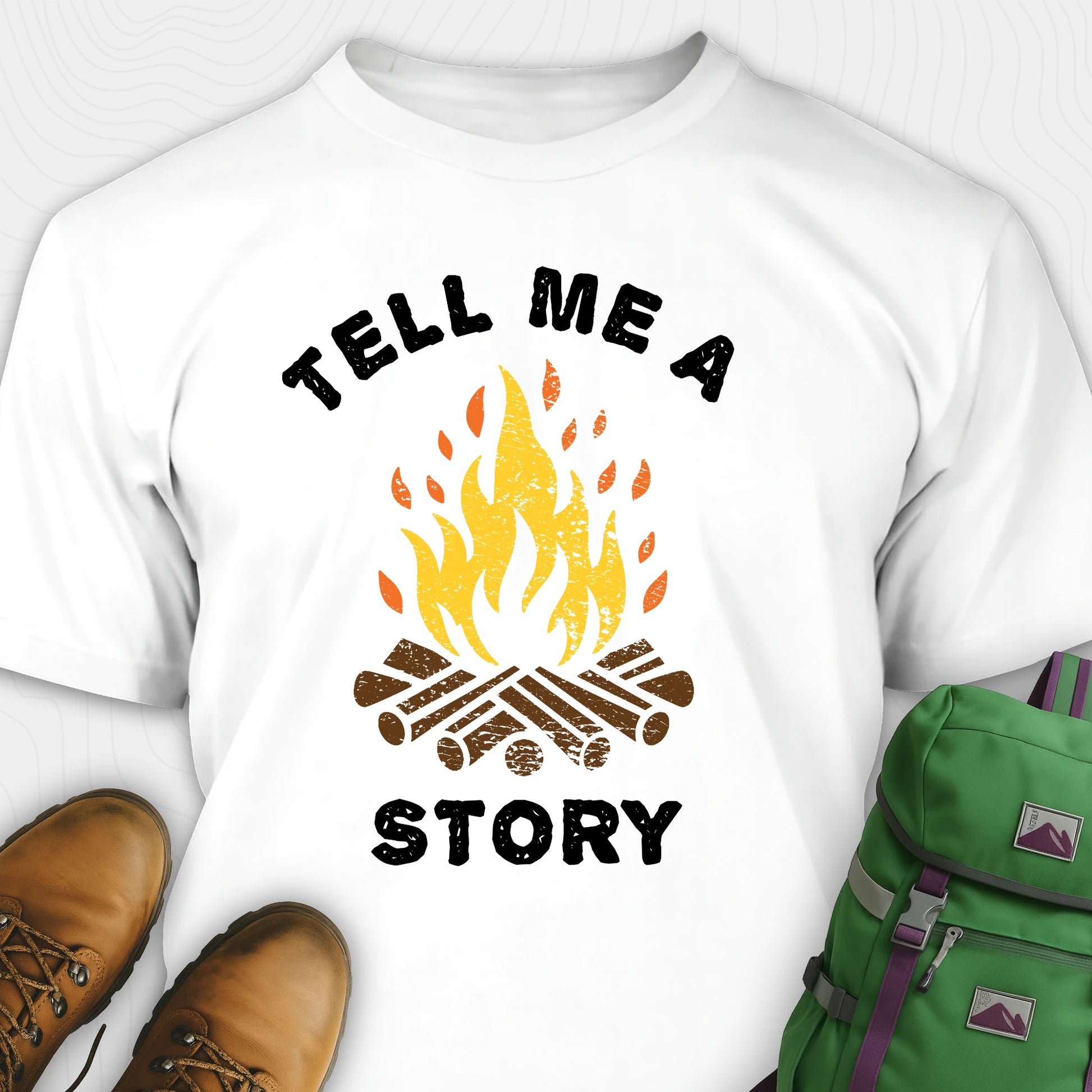 White bonfire tee with campfire graphic