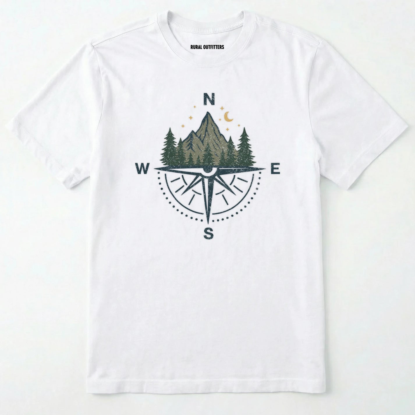 White compass shirt with mountains and pine trees design on a white background.