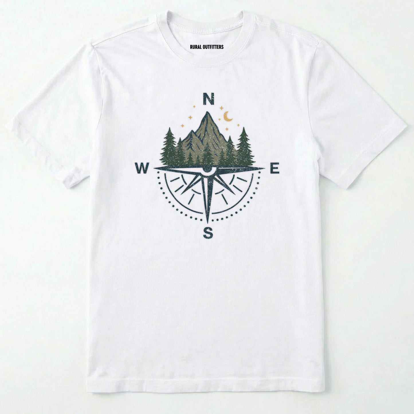 White compass shirt with mountains and pine trees design on a white background.