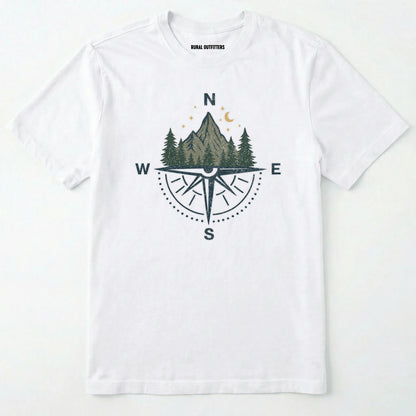 White compass shirt with mountains and pine trees design on a white background.