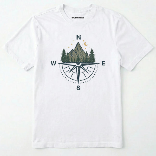 White compass shirt with mountains and pine trees design on a white background.