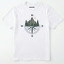 White compass shirt with mountains and pine trees design on a white background.