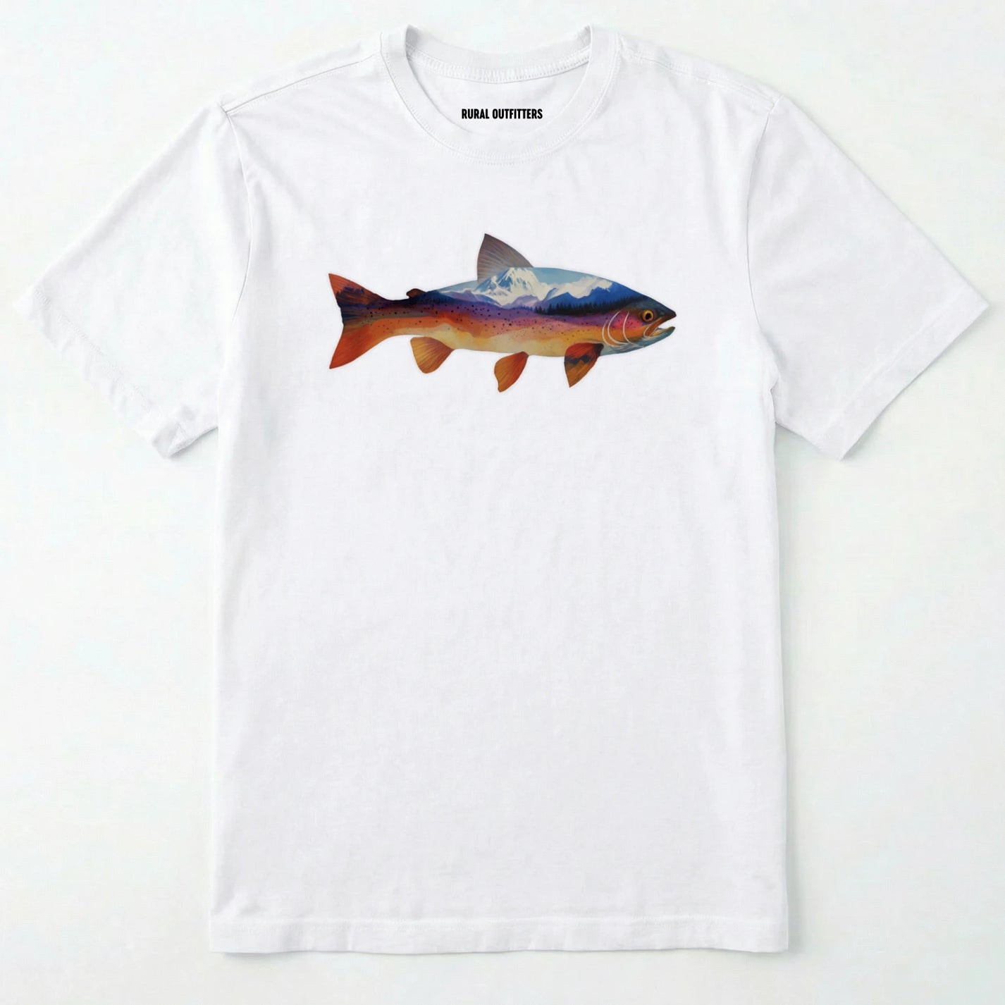 White fish shirt with a colorful trout and mountain landscape graphic on a white background.
