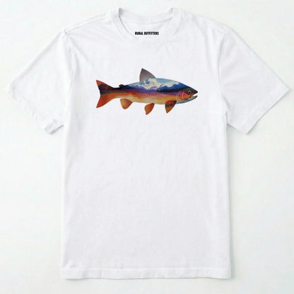 White fish shirt with a colorful trout and mountain landscape graphic on a white background.